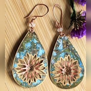 Boho Chic Statement Earrings Vintage Brass Charms Faceted Moonstone Gems